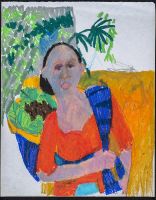 Femme rouge et bleue devant verdure 30x23cm