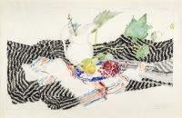 Blue plate, white pitcher, red currents with grape vine 1986 67x103cm