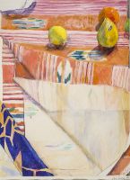 Deux citrons sur tissu rayé rose orange 1992 58x42cm